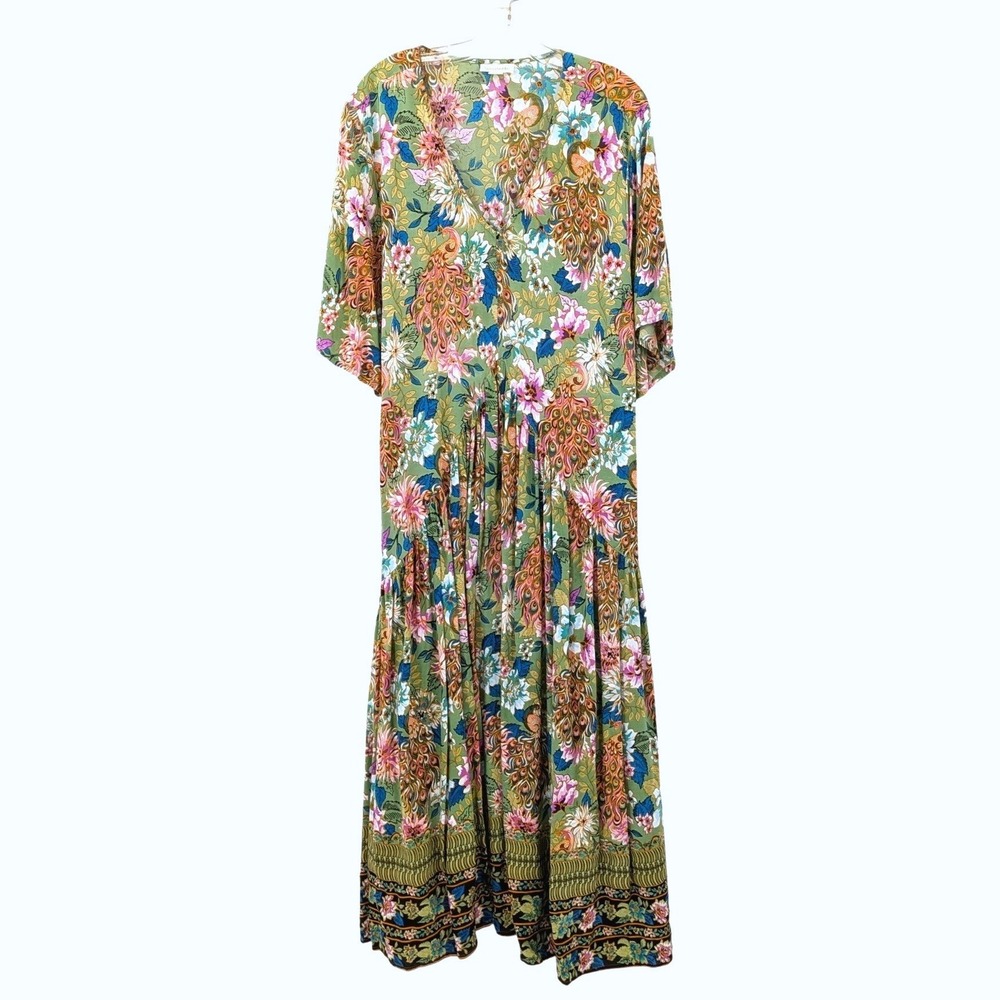 Loralette Boho Peacock Floral Maxi Dress Flowy Green Viscose